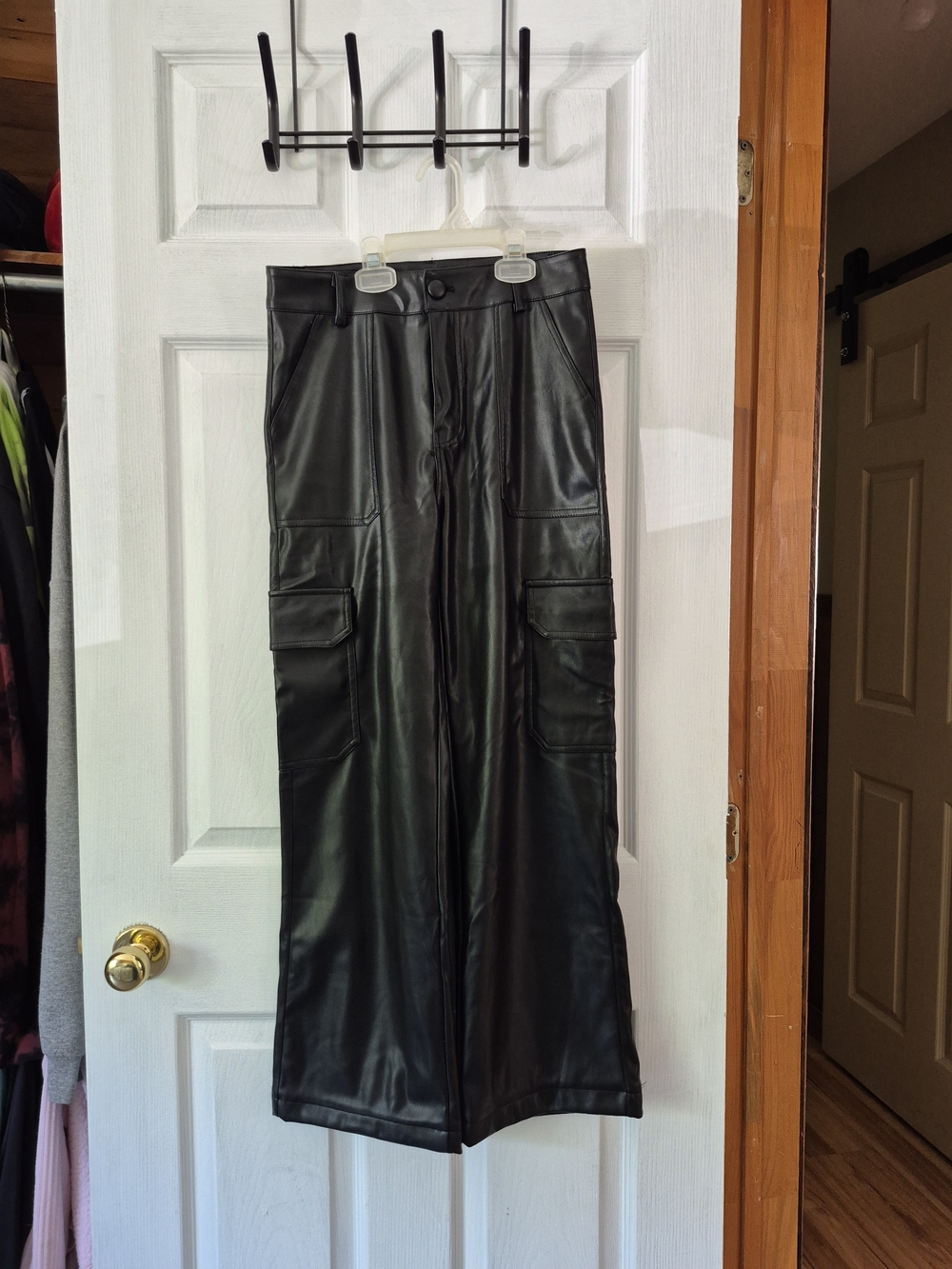High-Rise Black Faux Leather Wide-Leg Cargo Pants